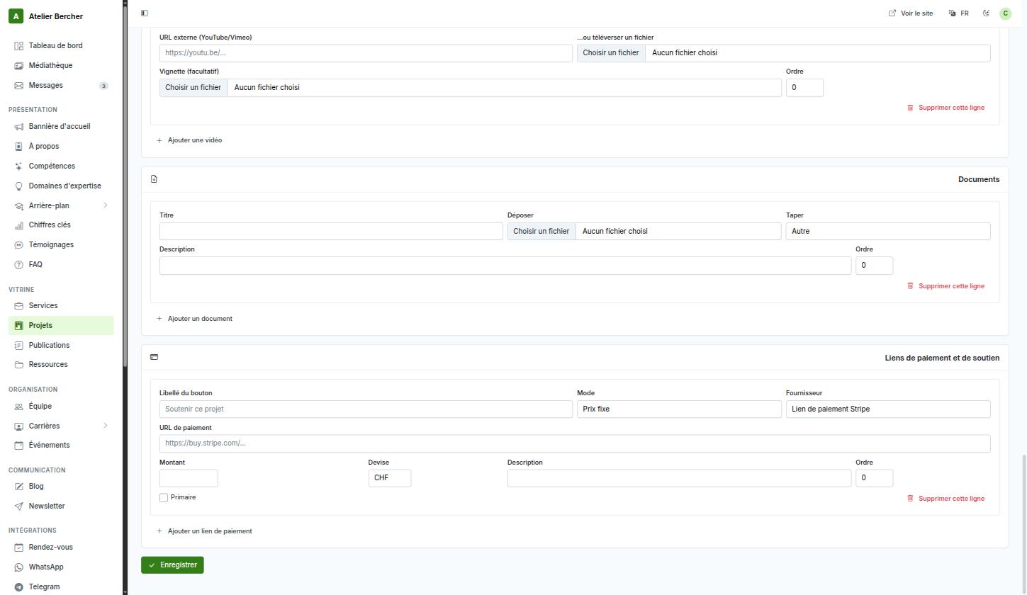 The payment links section on a project: button label, mode, provider, payment URL, amount, currency.